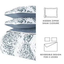 New Kirklands Home Blue Damask Reversible 3-pc. King Quilt Set