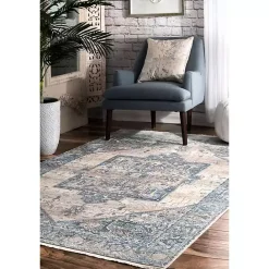 New Kirklands Home Blue Eli Medallion Fringe Area Rug, 5x8