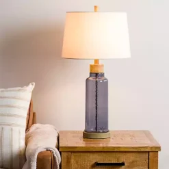 Kirklands Home Blue Glass with Wood Trim Table Lamp Ivory