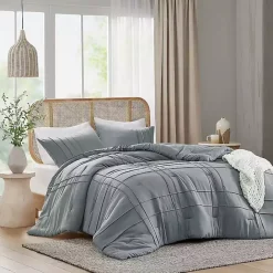 Clearance Kirklands Home Gray Pleated Grid 3-pc. Queen Comforter Set Blue