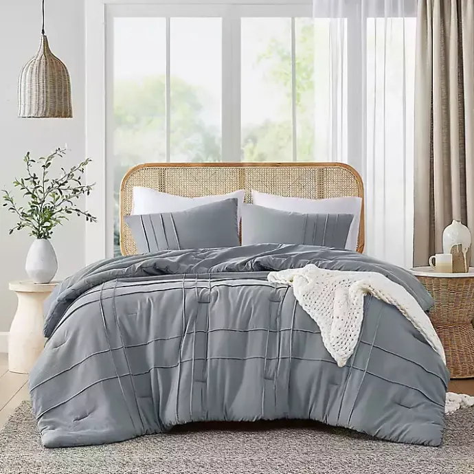 Clearance Kirklands Home Gray Pleated Grid 3-pc. Queen Comforter Set Blue