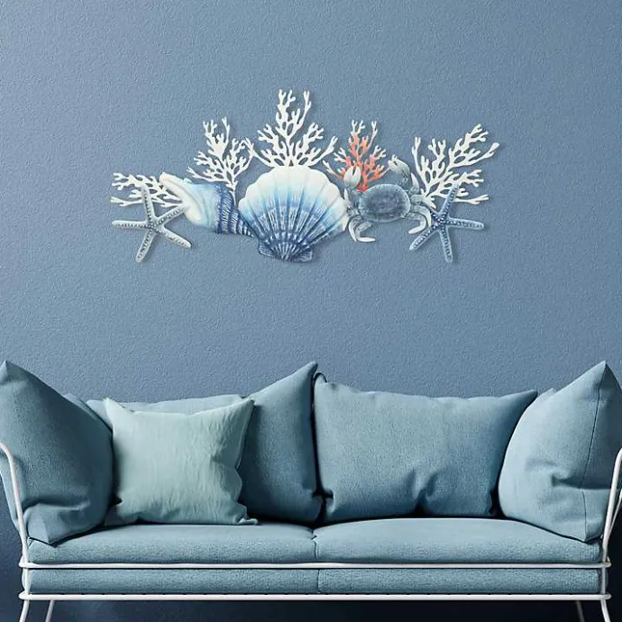 Discount Kirklands Home Blue Metal Coral and Shell Wall Plaque