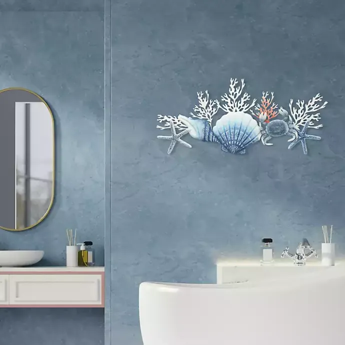 Discount Kirklands Home Blue Metal Coral and Shell Wall Plaque