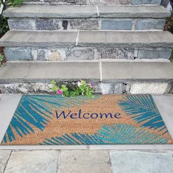 New Kirklands Home Blue Palm Fronds Welcome Coir Doormat