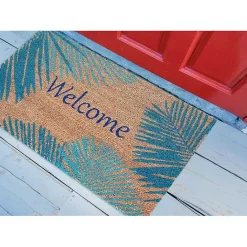 New Kirklands Home Blue Palm Fronds Welcome Coir Doormat