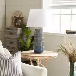New Kirklands Home Blue Ribbed Stoneware Table Lamp White