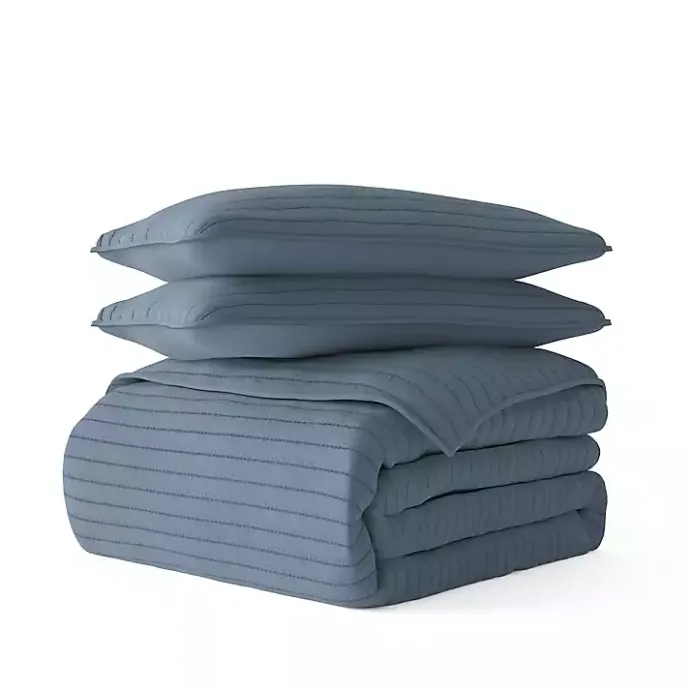 New Kirklands Home Stitched Stripes 3-pc. Queen Quilt Set Blue