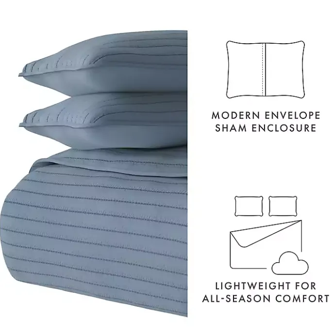New Kirklands Home Stitched Stripes 3-pc. Queen Quilt Set Blue