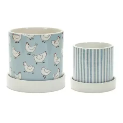 Outlet Kirklands Home Blue Striped and Chicken Decorative Pots, Set of 2