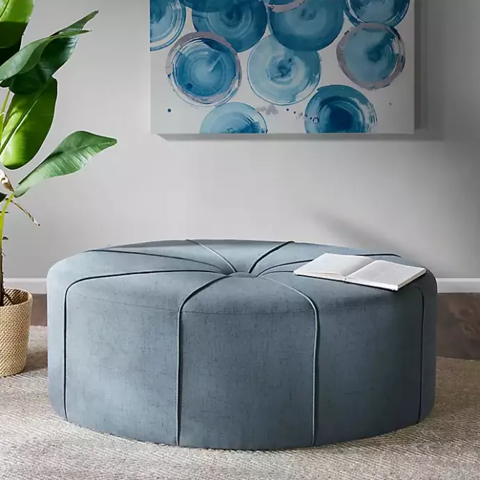 Online Kirklands Home Thick Welting Center Button Oval Ottoman Blue