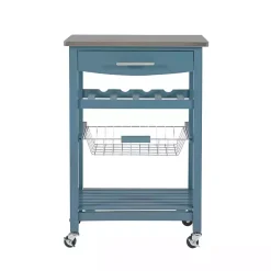 Clearance Kirklands Home Wood and Stainless Steel Kitchen Cart Blue