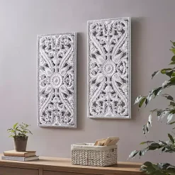 Sale Kirklands Home Botanical Wood Carved Panel Wall Plaques, Set of 2 White
