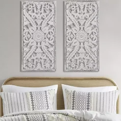 Sale Kirklands Home Botanical Wood Carved Panel Wall Plaques, Set of 2 White