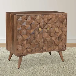 Hot Kirklands Home Brown Carved Wood Woven 2-Door Cabinet