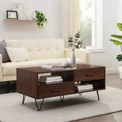 Discount Kirklands Home Brown Wood & Black Metal Hairpin Legs Coffee Table