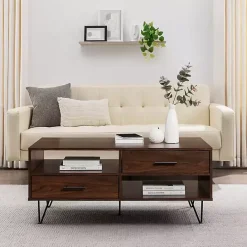 Discount Kirklands Home Brown Wood & Black Metal Hairpin Legs Coffee Table
