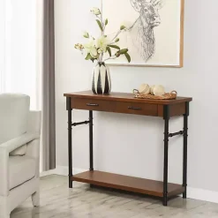 New Kirklands Home Brown Wood and Black Metal Ruth Console Table