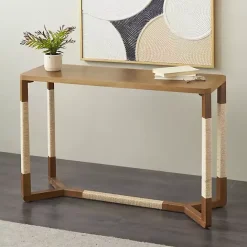 Outlet Kirklands Home Wood and Rope Geometric Console Table Brown