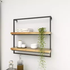 Online Kirklands Home Brown Wood Black Metal Frame Wall Shelves