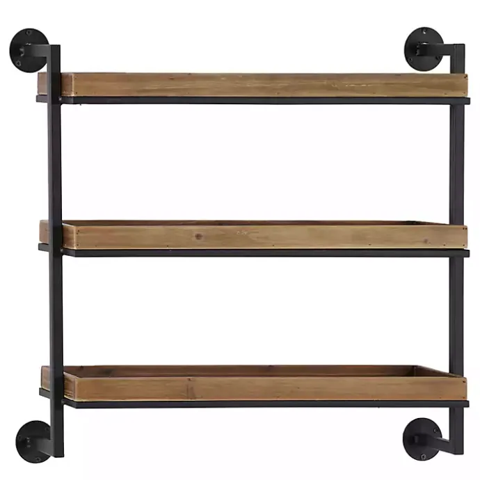 Sale Kirklands Home Brown Wood Black Metal Pipe Frame Wall Shelf