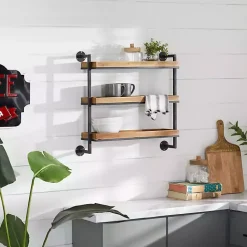 Sale Kirklands Home Brown Wood Black Metal Pipe Frame Wall Shelf