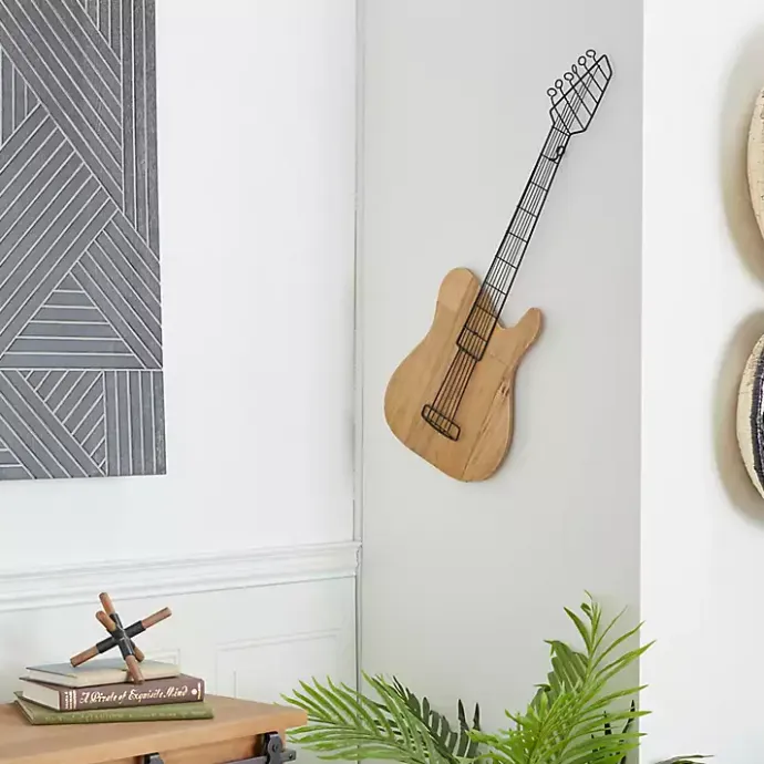 Hot Kirklands Home Brown Wood Electric Guitar Wall Plaque