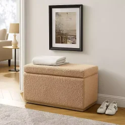 New Kirklands Home Camel Sherpa & Pine Recgle Storage Ottoman Tan