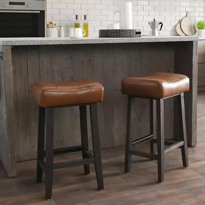 Best Kirklands Home Caramel Wood and Faux Leather Backless Stool Brown