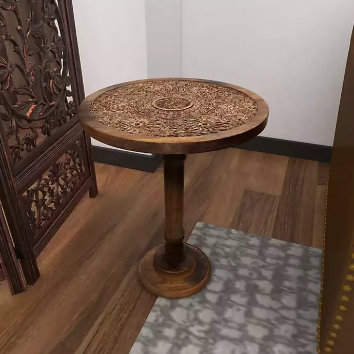 Outlet Kirklands Home Carved Mandala Mango Wood Accent Table Brown