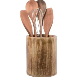 Outlet Kirklands Home Carved Mango Wood Utensil Crock Brown