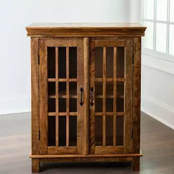 Discount Kirklands Home Charlie Natural Mango Wood Windowpane Cabinet Brown
