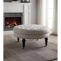 Hot Kirklands Home Charlotte Tufted Round Natural Ottoman White