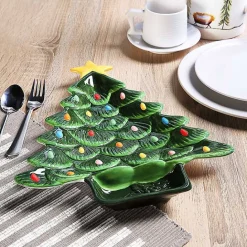 New Kirklands Home Christmas Tree Serving Platter Green
