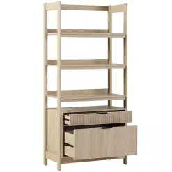 New Kirklands Home Coastal Oak 2-Drawer Modern Wood Bookcase Tan