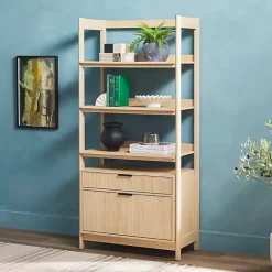 New Kirklands Home Coastal Oak 2-Drawer Modern Wood Bookcase Tan