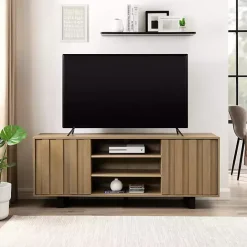 Online Kirklands Home Coastal Oak Grooved Media Cabinet Tan