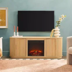 Sale Kirklands Home Coastal Oak Reeded Fireplace Media Cabinet Tan