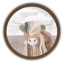 New Kirklands Home Colorblock Highland Cow Round Framed Print Brown