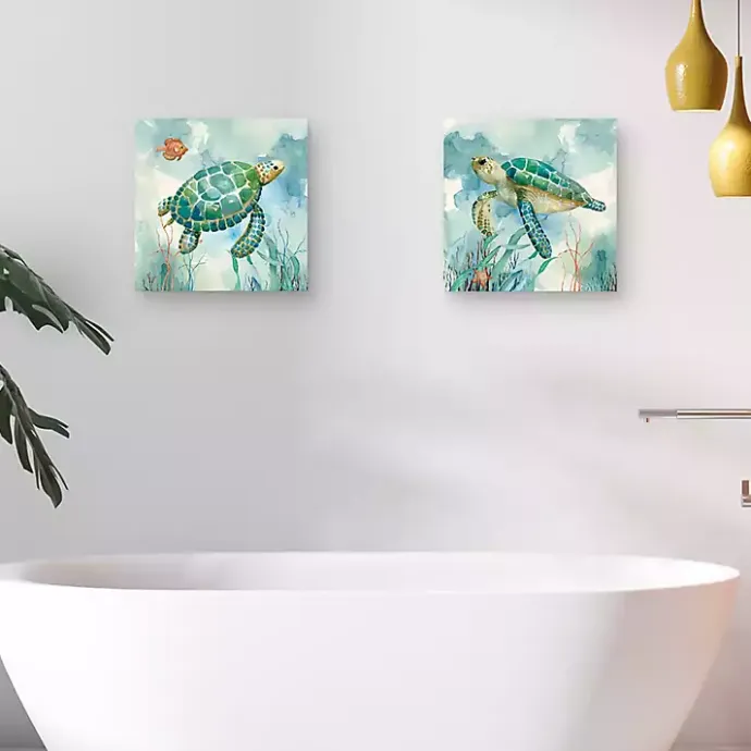 Hot Kirklands Home Coral Bay Sea Turtle Canvas Art Prints, Set of 2 Blue