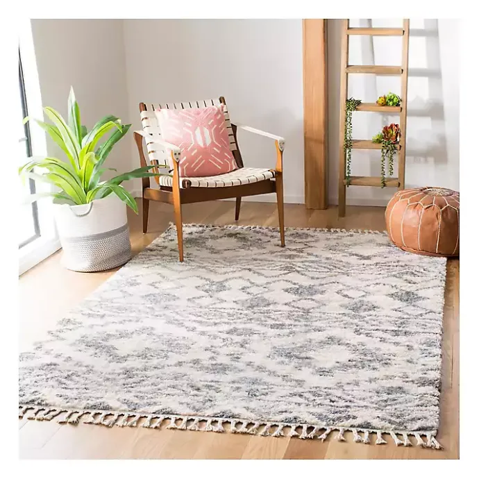 Clearance Kirklands Home Cream and Navy Moroccan Fringe Shag Rug, 5x7