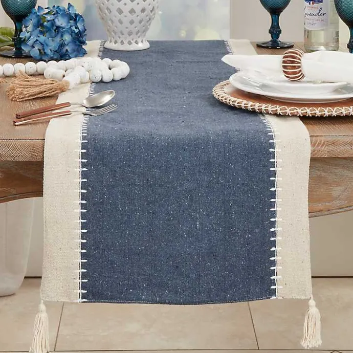 Best Kirklands Home Cream and Navy Whipstitch Border Table Runner Blue