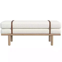 Kirklands Home Cream Boucle Brown Faux Leather Bench White