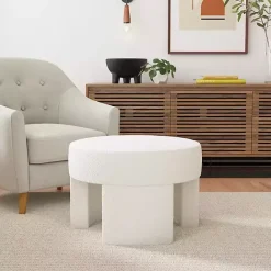 Hot Kirklands Home Cream Boucle Round Upholstered Ottoman White