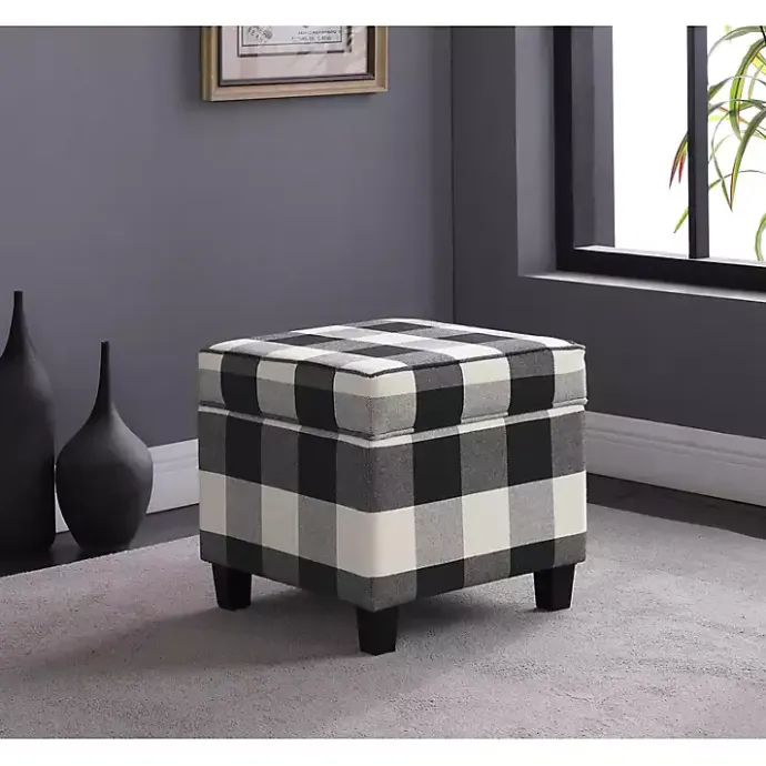 Discount Kirklands Home Cream Buffalo Plaid Upholstered Storage Ottoman