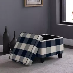 Discount Kirklands Home Cream Buffalo Plaid Upholstered Storage Ottoman
