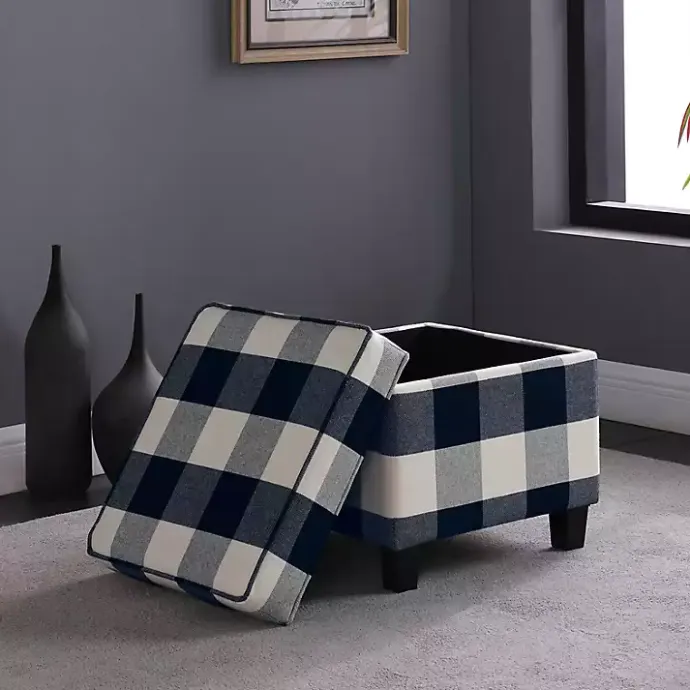 Discount Kirklands Home Cream Buffalo Plaid Upholstered Storage Ottoman
