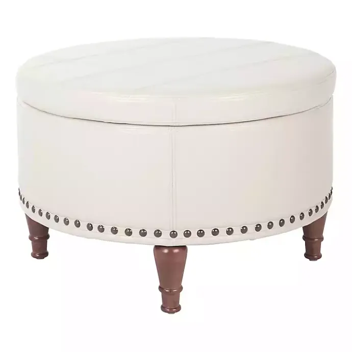 Discount Kirklands Home Cream Leather Antique Nailhead Storage Ottoman Ivory