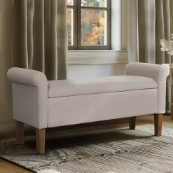 New Kirklands Home Cream Upholstered Aubrey Storage Bench Tan