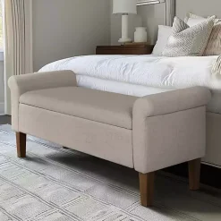New Kirklands Home Cream Upholstered Aubrey Storage Bench Tan