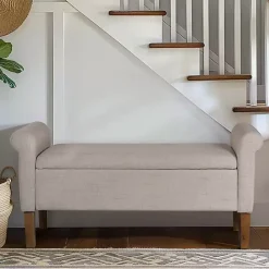 New Kirklands Home Cream Upholstered Aubrey Storage Bench Tan